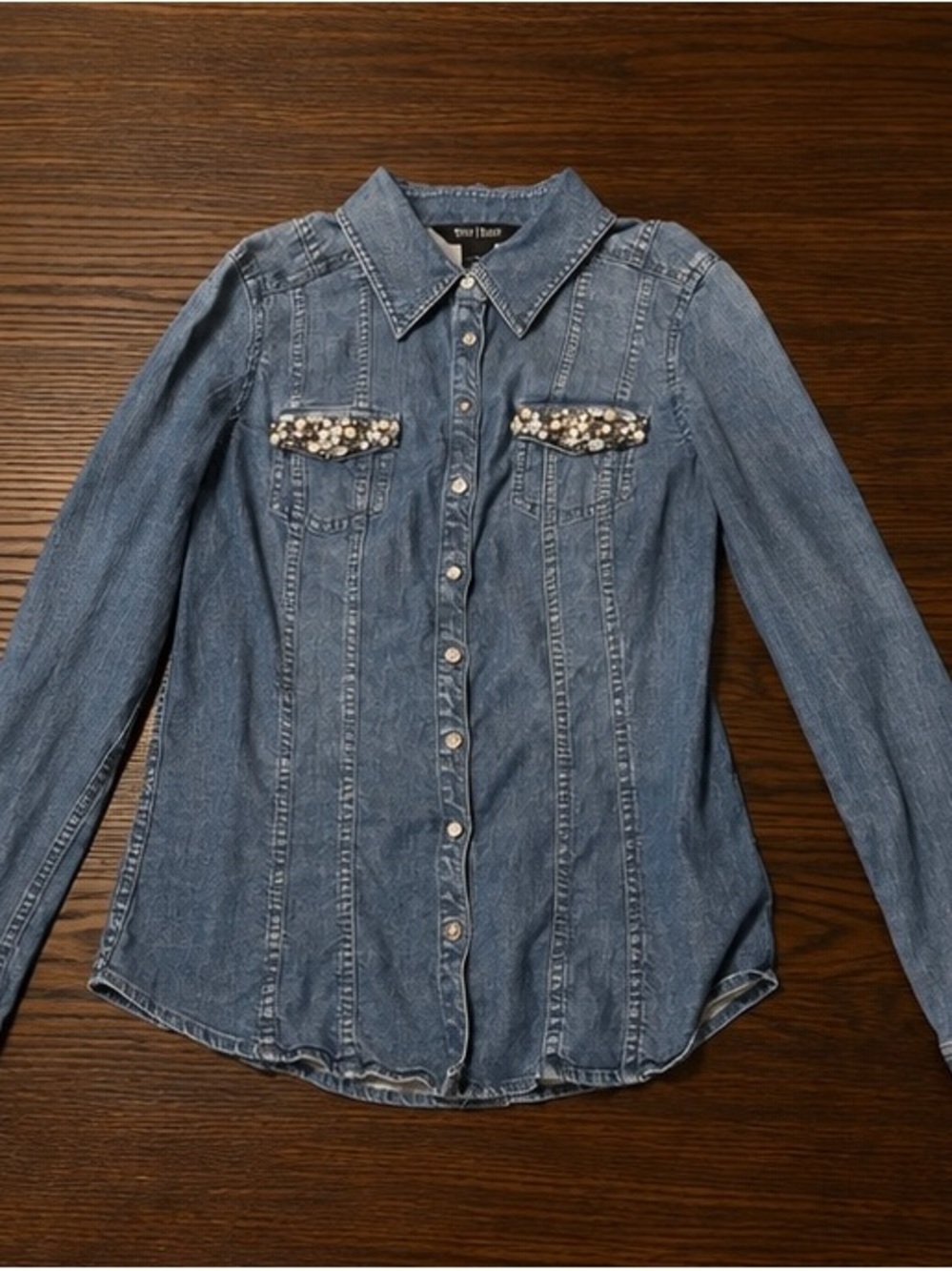 White House Black Market Embellished Denim Shirt Size 0